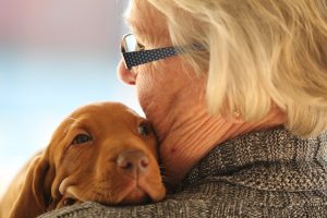 Puppy being an emotional support animal with head on woman's shoulder